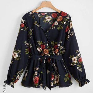 Flounce Sleeve Floral Print Belted Top